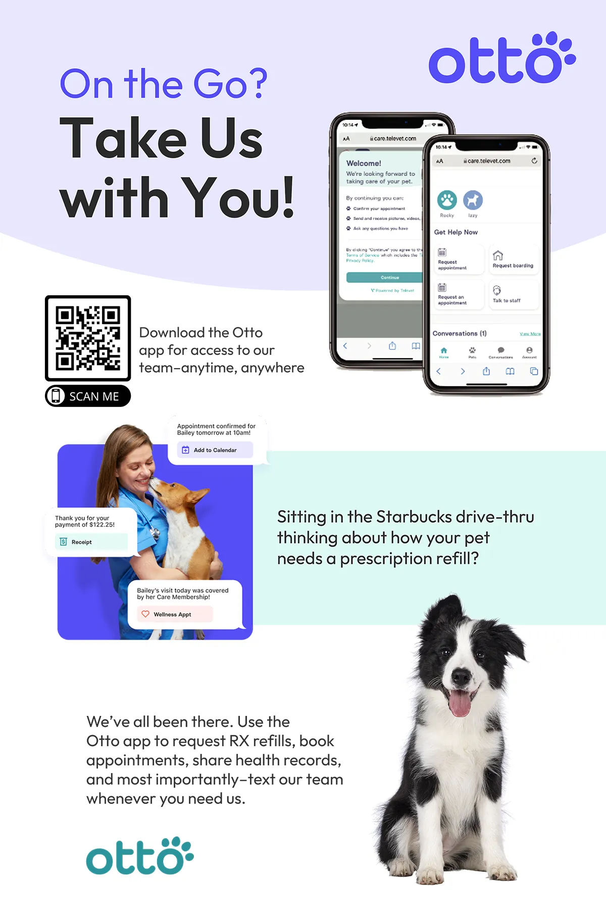 Otto app promotional graphic highlighting mobile access to veterinary care, including requesting appointments, refills, sharing records, and messaging the veterinary team, with a QR code to download the app.