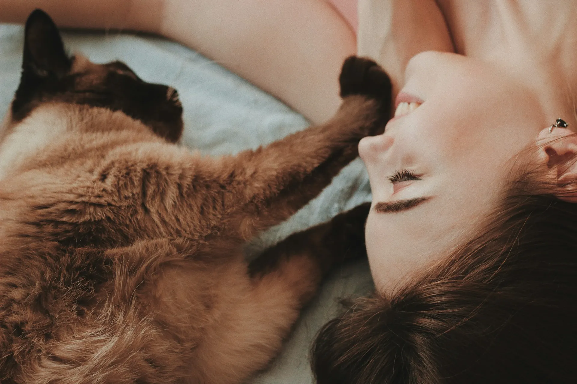 A Siamese cat lies next to a woman, with its dark paw gently touching her face as they look toward each other.
